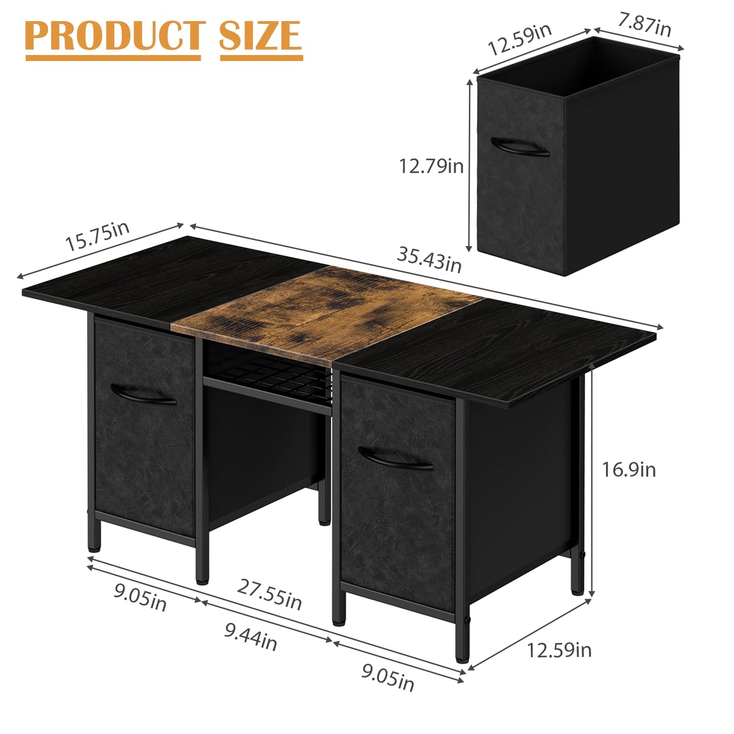 Small Coffee Tables for Living Room 35'' Rectangle Coffee Table with 2 Fabric Storage Drawers and Metal Shelf, Wood Center Table for Small Spaces, Home Office, Black & Rustic Brown