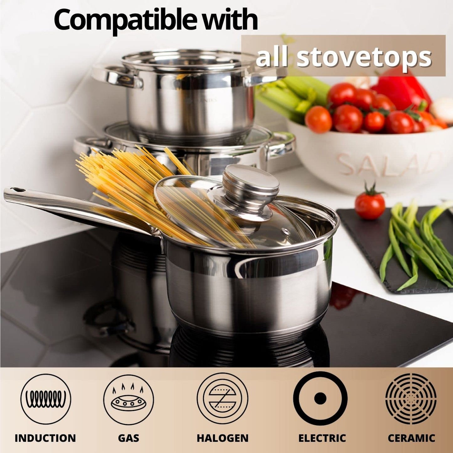 Daniks Standard 6-Piece Stainless Steel Induction Cookware Set, Dishwasher Safe Pots, Measuring Scale, Glass Lids, For Soup, Pasta, Stew, Silver