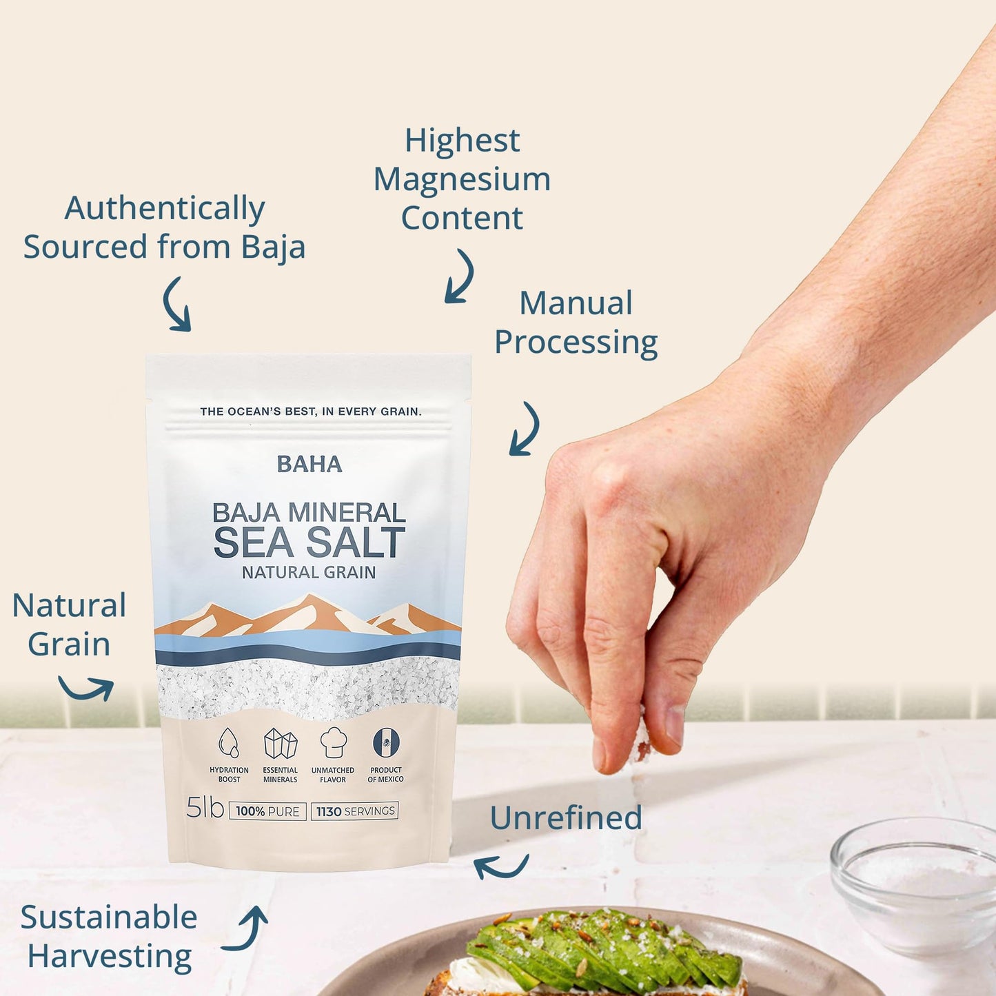 BAHA - Baja Mineral Sea Salt | BULK | 5 LBS Original Natural Grain Baha Salt from Sea of Cortez | Low Sodium Mineral Salt | For Cooking, Plating and Hydration | Salt for Grinding | 5 Lb. Bag