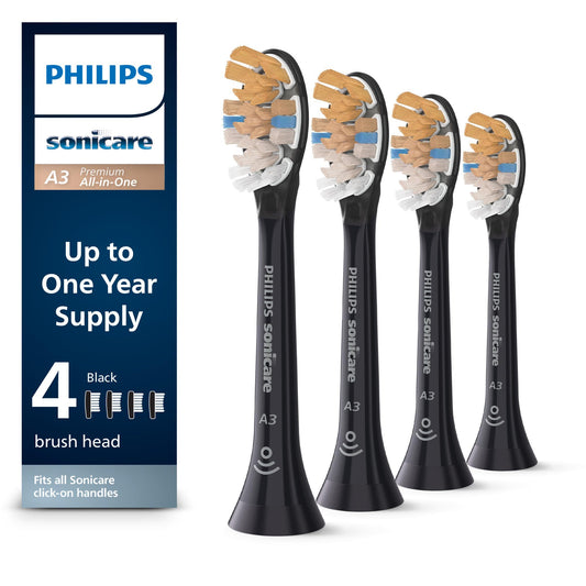 Philips Sonicare Premium All-in-One (A3) Replacement Toothbrush Heads, Gum Care, Plaque Removal, Whitening, One Year Supply, 4 Brush Heads, Black, HX9094/95