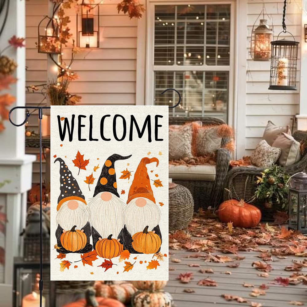 Polka Dots Gnome Garden Flags Welcome Fall Pumpkin Garden Flag 12x18 Inch Double Sided Burlap Autumn Holiday Maple Leaf Yard Outside Patio Lawn Decorations