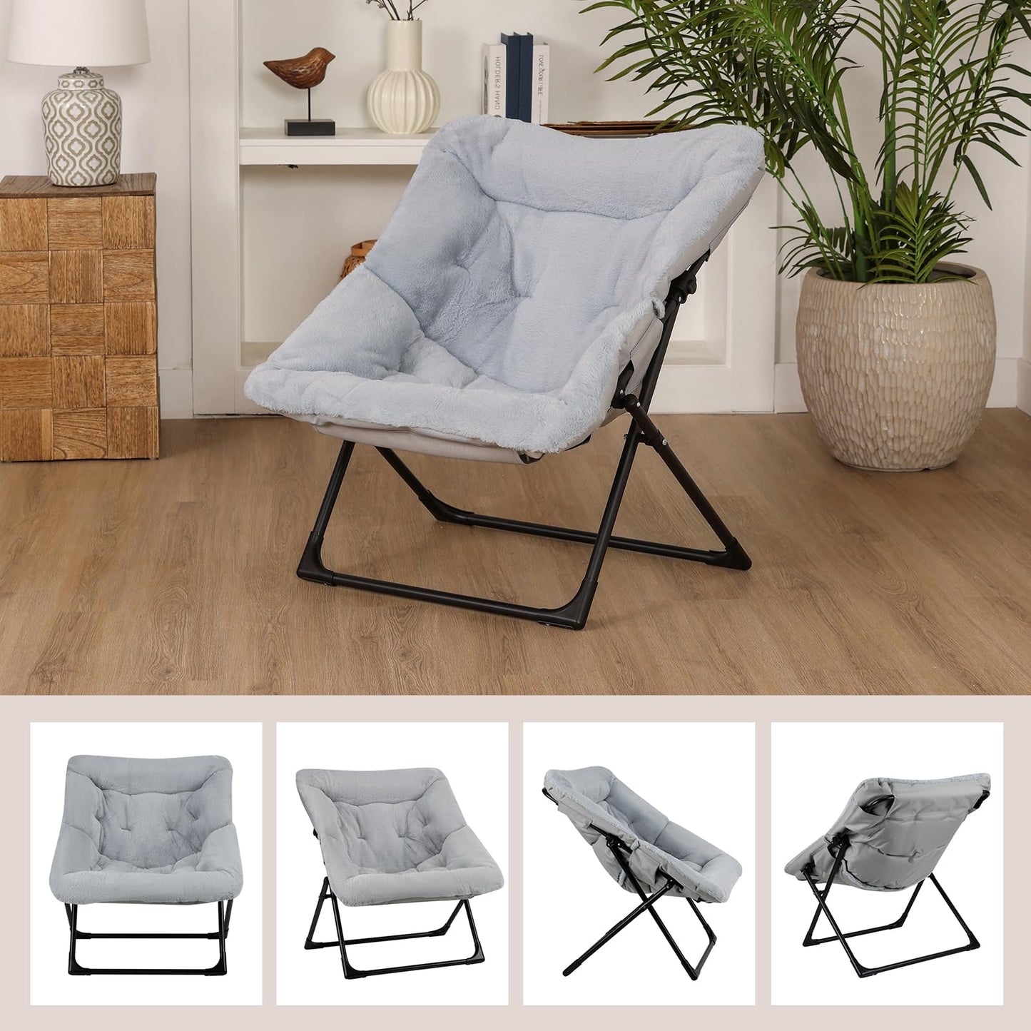 Mordchil HF Folding Saucer Chair, Comfy Faux-Fur Reading Chair, Foldable Accent Chair for Teens, Adults, Oversized Lazy Chair, Large Lounge Chair for Living Room, Bedroom, Dorm, Grey