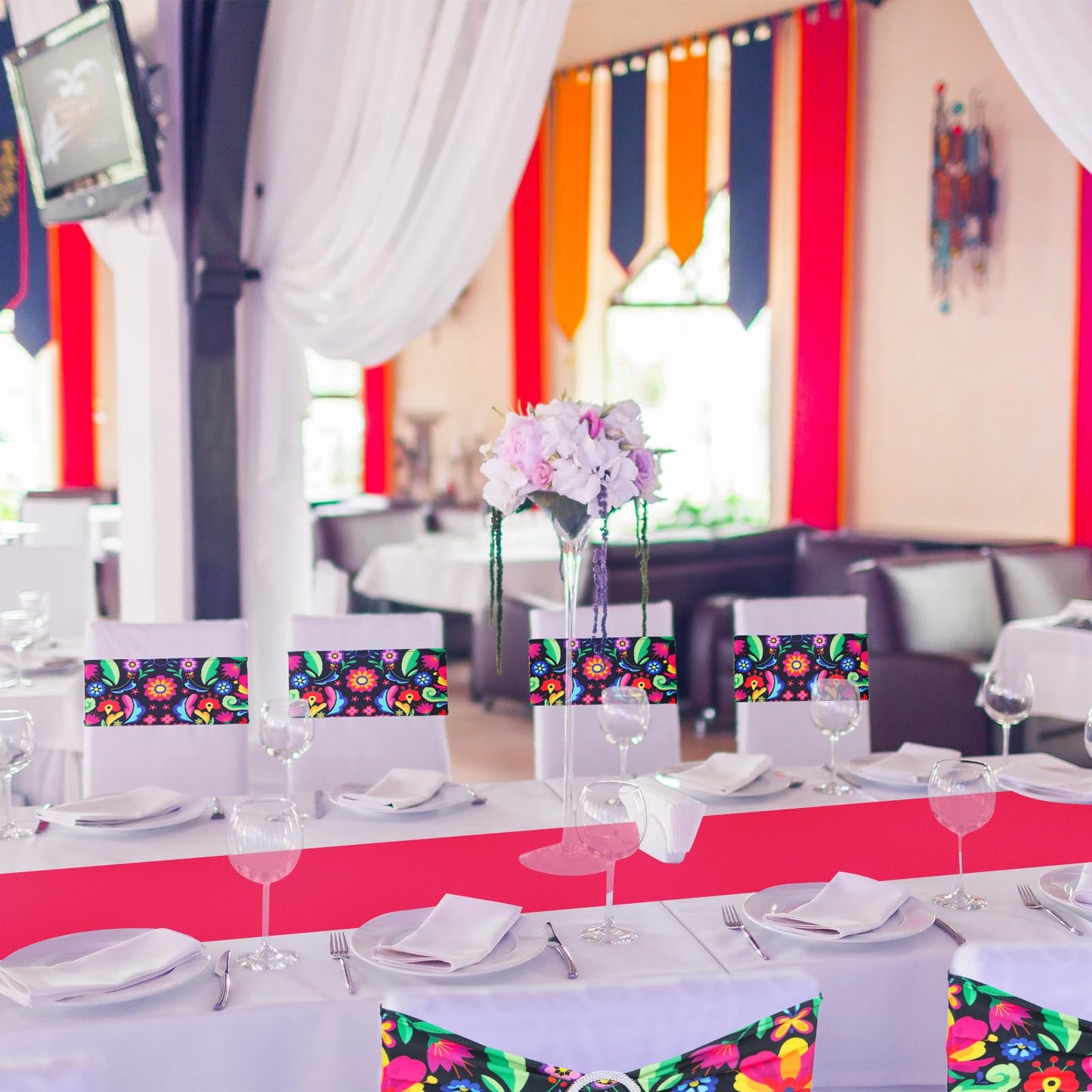 Newwiee 36 Pcs Mexican Theme Stretch Chair Sashes Bands with Buckle Mexican Chair Decorations Elastic Chair Bows for Folding Chairs Wedding Cinco De Mayo Event Fiesta Party Birthday Banquet