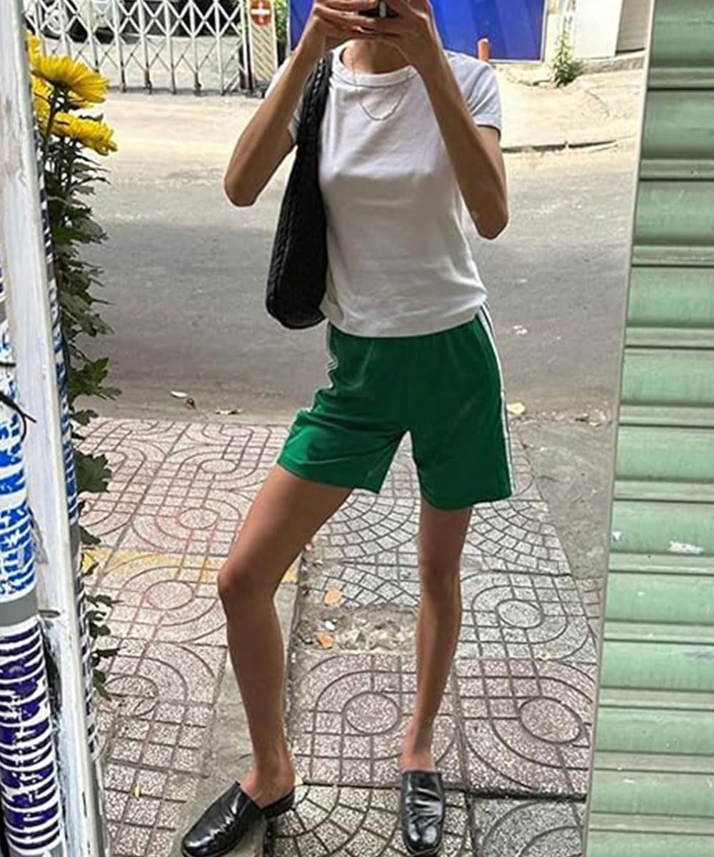 ABINGOO Women Athletic Sweat Shorts Side-Striped Y2k Summer Elastic Waist Workout Loose Wide Leg Lounge Shorts with Pockets(Green,M)