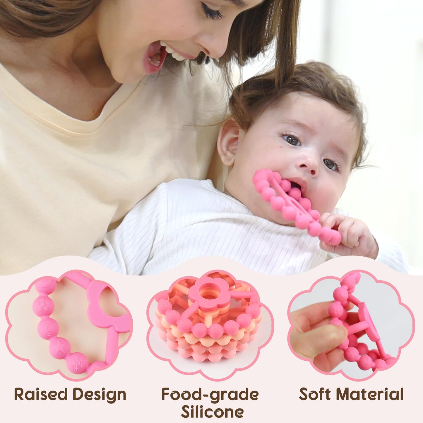 duludulu 4 Pack Silicone Baby Teething Toys, Teething Rings for Babies 0-6 6-12 Months Newborn Baby Teethers Girl Relief Soothe Baby's Gums Infant Toys Gifts Baby Girls Boys Sweet Pink