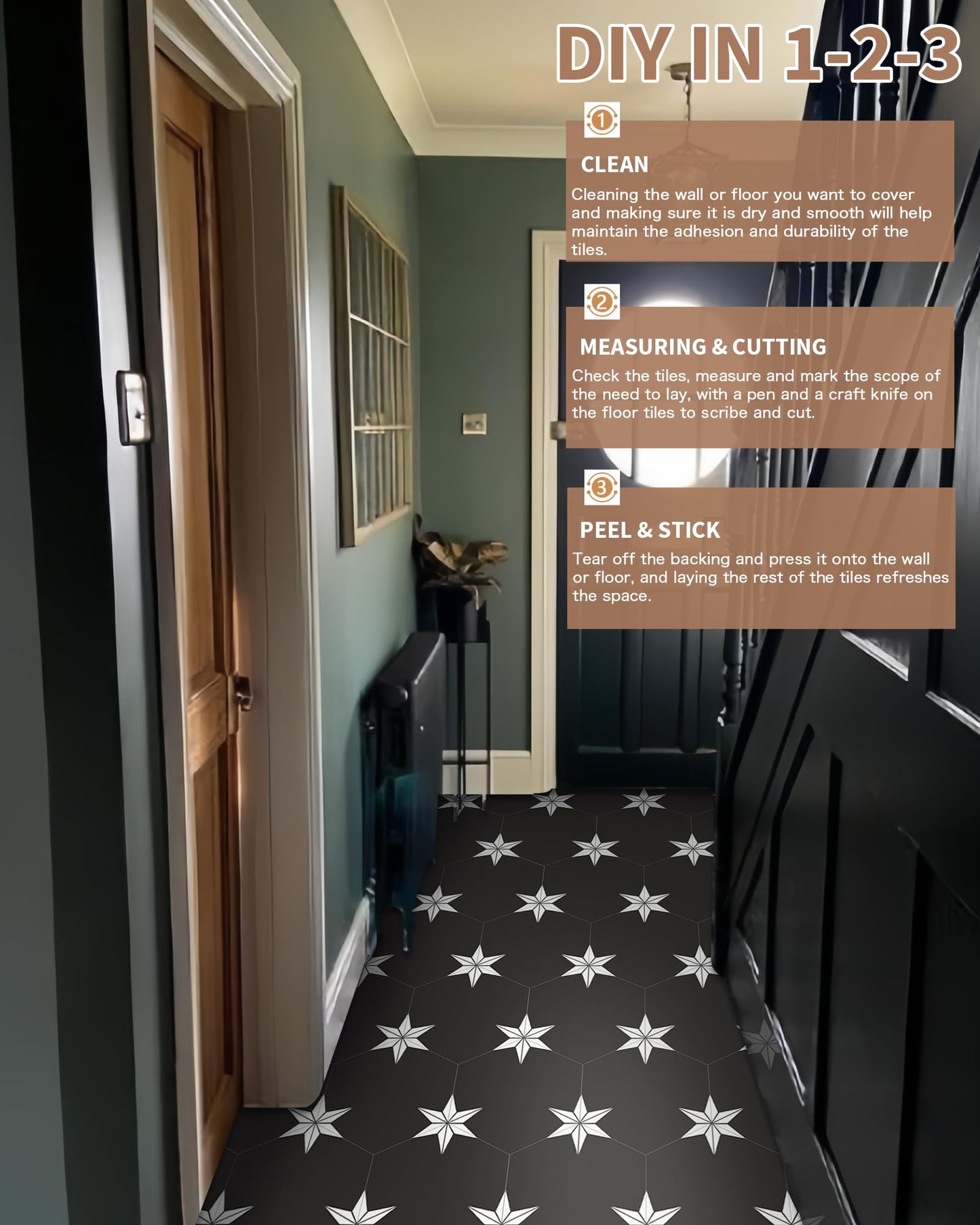 MORCART 20 Pcs Hexagon Peel and Stick Floor Tile: Waterproof Vinyl Flooring, Covers 12.6 Sq Ft, DIY Removable Flooring for Bathroom, Kitchen, Bedrooms, Pet House(Star Black)