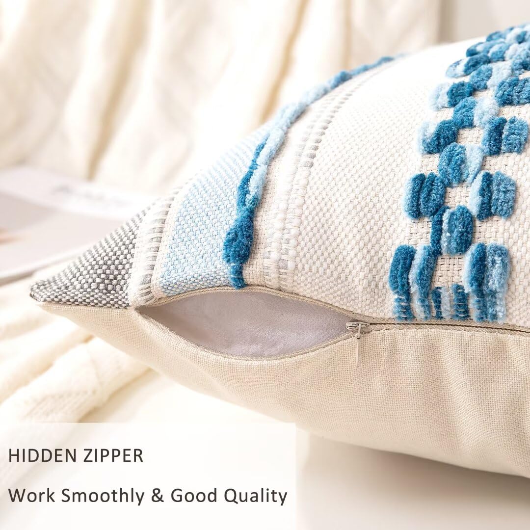 WANLIRD Boho Throw Pillow Covers 18x18 Set of 2 Farmhouse Decorative Cushion Case Striped Square Pillows Cover Chenille Pillow Cases Accent Neutral Pillowcase for Sofa Couch Bed,Sky Blue