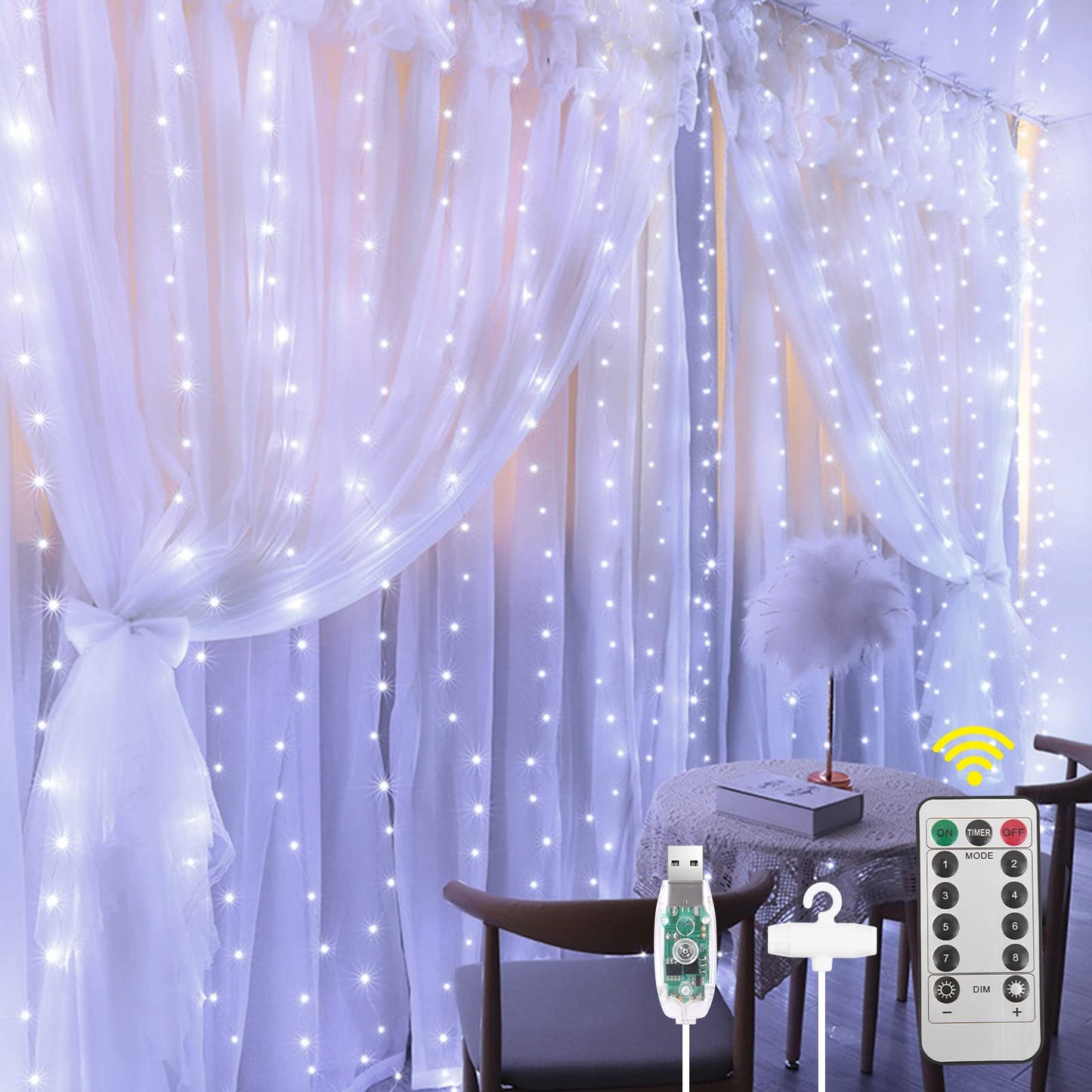 AOMIG Fairy Curtain Lights,300 LED Warm White Window Curtain String Light,8 Modes 9.8×9.8Ft Waterproof Curtain String Light USB&Battery Powered with Remote Contro,String Lights for Indoor,Outdoor