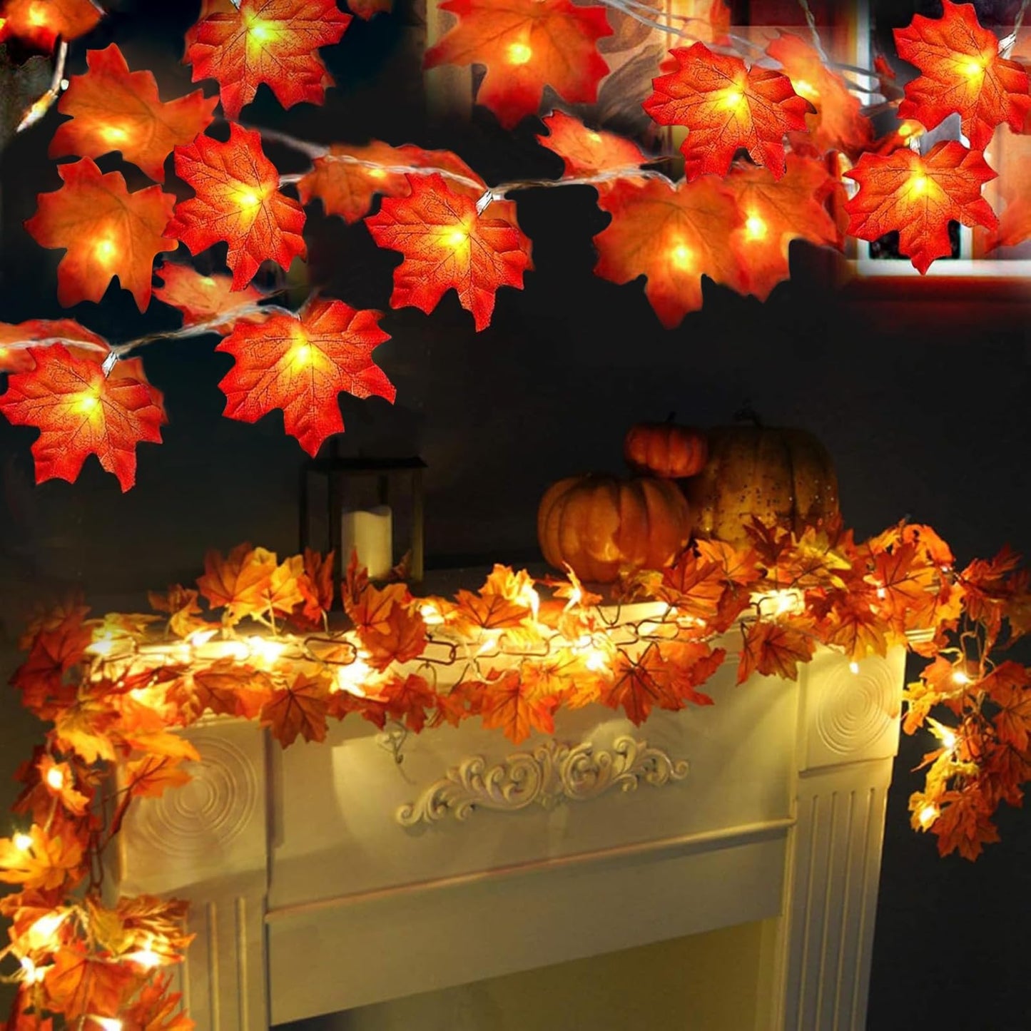 TURNMEON 2 Pack Fall Decor Enlarged Maples Leafed Fall Decorations for Home Fall Lights Thick Leafs Garlands, Total 20Ft 40LED Battery Operated Waterproof Thanksgiving Halloween Decor Indoor Outdoor