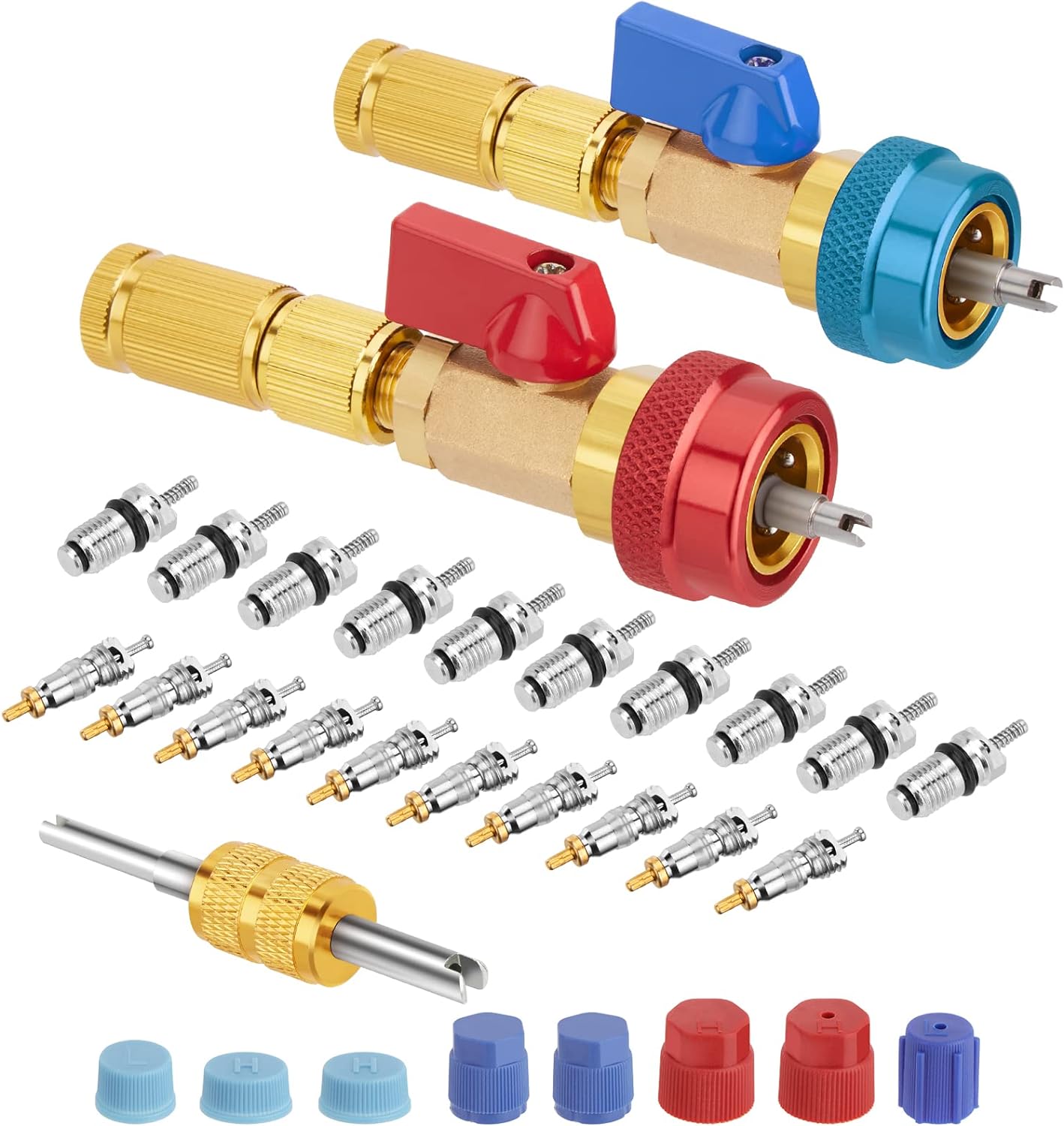 WADEO R134A Valve Core Quick Remover Installer, High Low Pressure Valve Core Remover Tools Kit for R134A Refrigerant Air Conditioner System