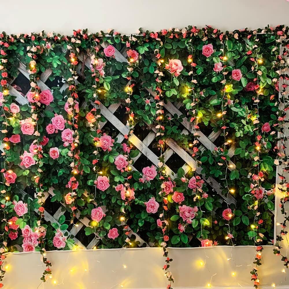 5pack Flower Garland Artificial Fake Rose Garland Vine Artificial Flowers for Decoration Floral Garlands Decor-Total 41 Ft (Pink)