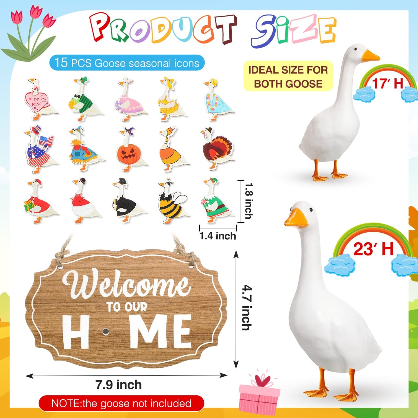 Memorywuu 16 Pcs Interchangeable Porch Goose Welcome Sign Seasonal Holiday Goose Sign with Wooden Holiday Geese Magnetic for 23"Cement Plastic Porch Geese Outdoor Statue Patio(Brown,Oval)