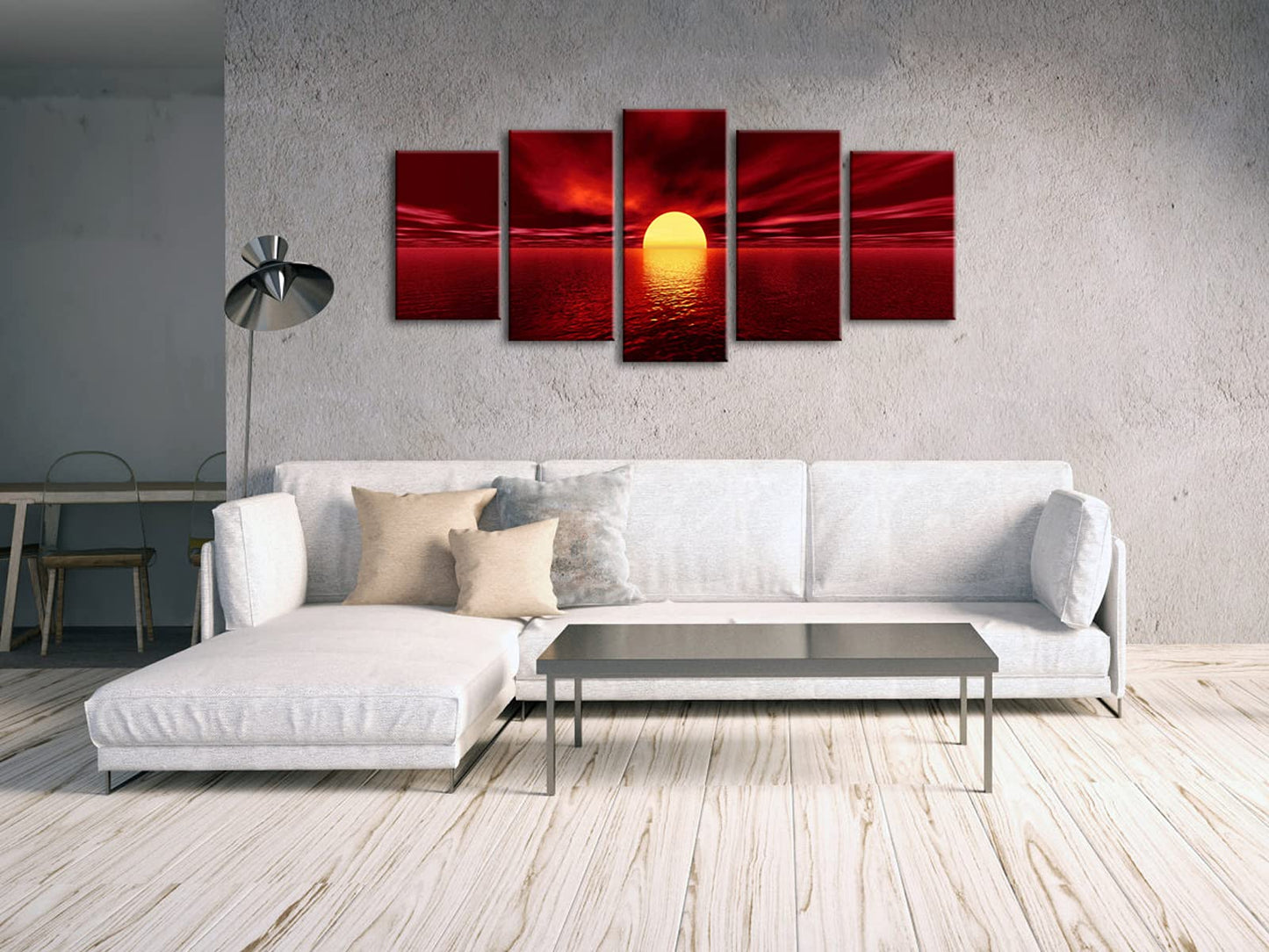 Wieco Art Red Sun Canvas Prints Wall Art Ocean Sea Beach Pictures Paintings Ready to Hang for Living Room Bedroom Home Decorations Modern 5 Piece Stretched and Framed Grace Landscape Giclee Artwork