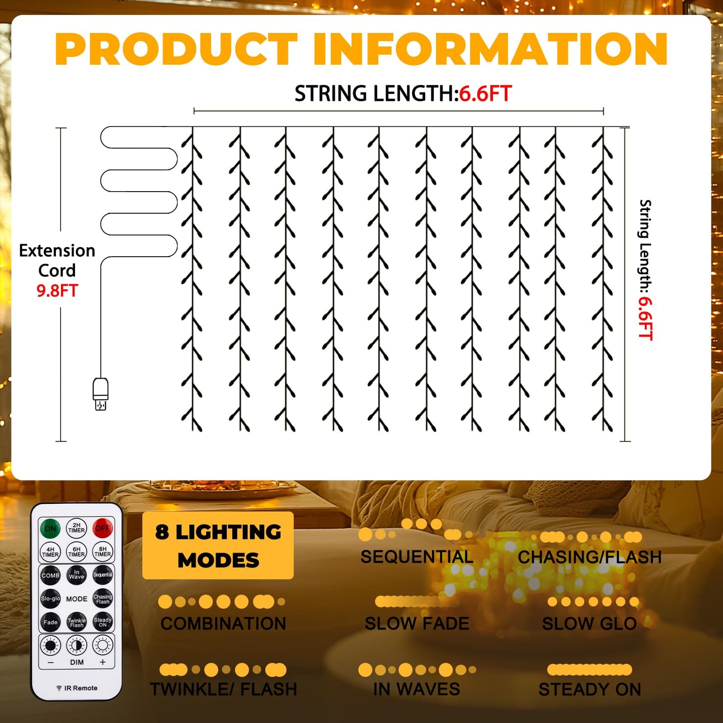 SINAMER Curtain Light for Bedroom, 200LED 6.6x6.6ft Warm White Window Wall Hanging Fairy Curtain String Light, 8 Modes Remote Fairy String Lights Indoor for Wedding Party Home Garden Decorations