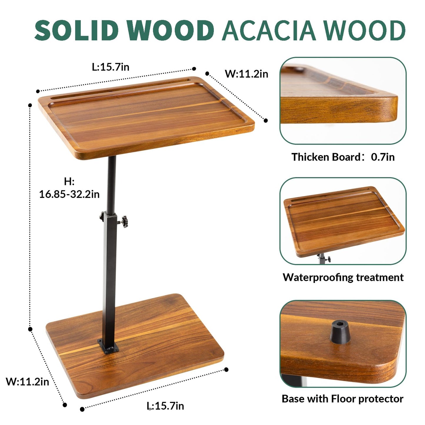 LVETOLS Solid Wood Acacia Wood Couch Table,360° Swivel Height Adjustable C Table with Phone & Tablet Slot,TV Trays for Eating on Couch, Bedroom or Livingroom, Oblong