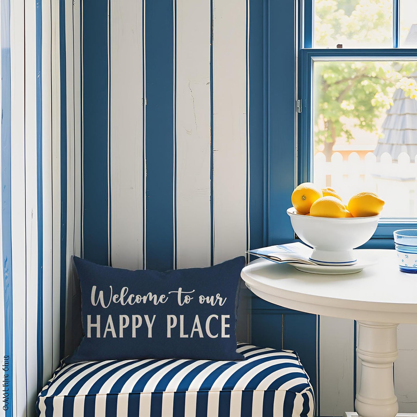 HERHOME Decorative Throw Pillow Cover 12x20 Inch Welcome to Our Happy Place Blue Outdoor Farmhouse Coastal Front Porch Patio Decor Lumbar Cushion Case Decoration for Living Room Sofa Couch