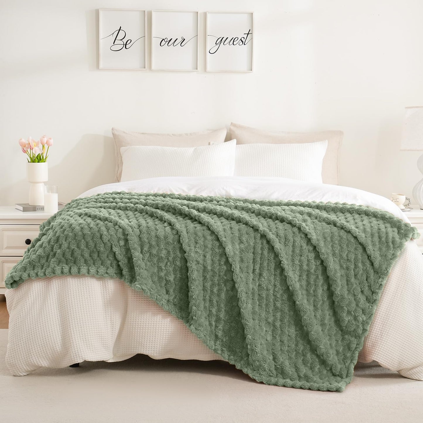 Excervent Flannel Fleece Throw Blanket(60x80 inches), Big 3D Clouds Stylish Hexagon Jacquard Decorative Fuzzy Blankets for Household, Camping, and Travel, Super Soft Cozy, Sage Green