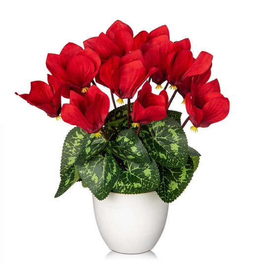 Hollyone Artificial Cyclamen Flowers Plant Potted Fake Silk Flowers Plants in White Pot Faux Red Cyclamen Flowers Arrangement Home Decor Office Bathroom Shelf Desk Decorations