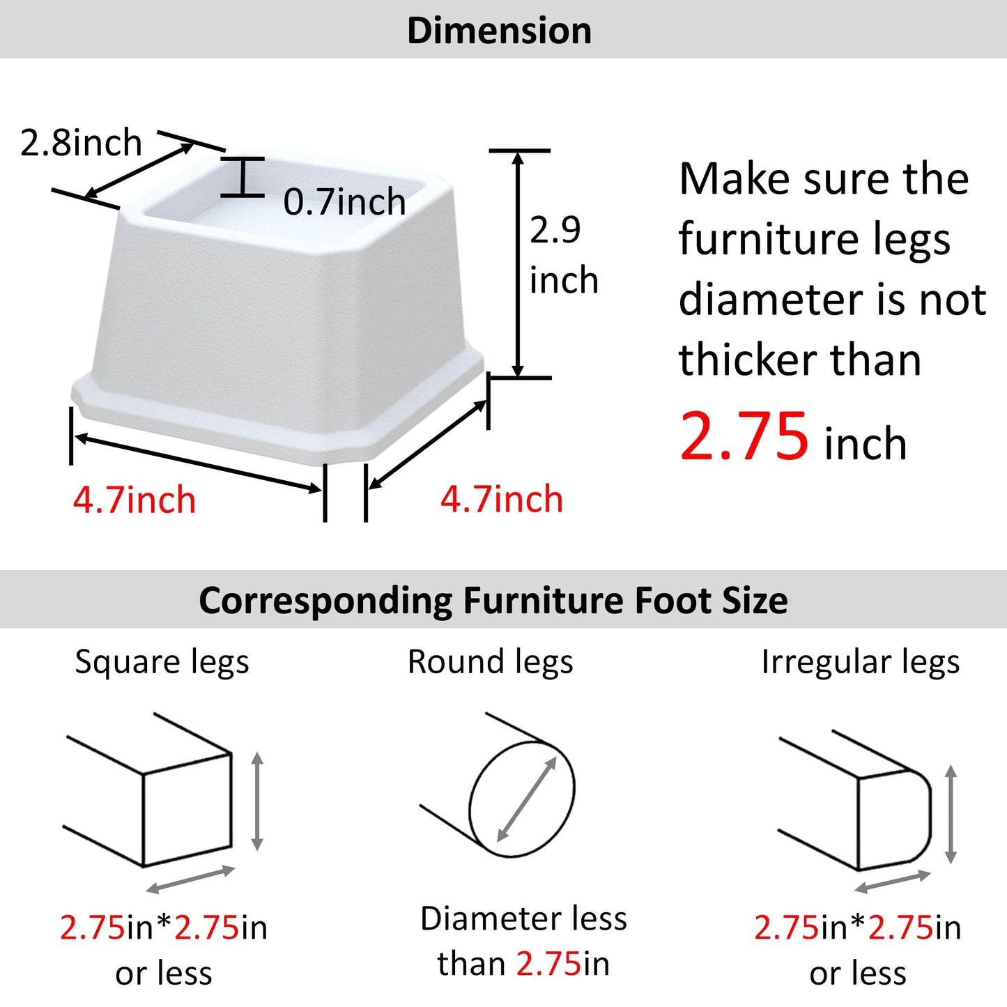Whynonap Bed Risers 2 Inch Heavy Duty Bed Elevators, Set of 6 Lifts Up 2000 lbs Furniture Riser for Sofa and Table, White