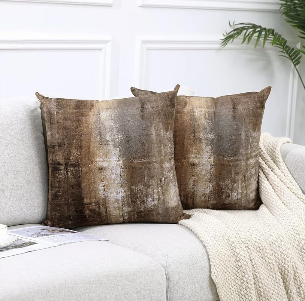 Alricc Decorative Abstract Art Throw Pillow Covers 18x18 (Set of 2) - Modern Oil Painting Textured for Couch, Living Room, Bed - Dark Brown Contemporary Design