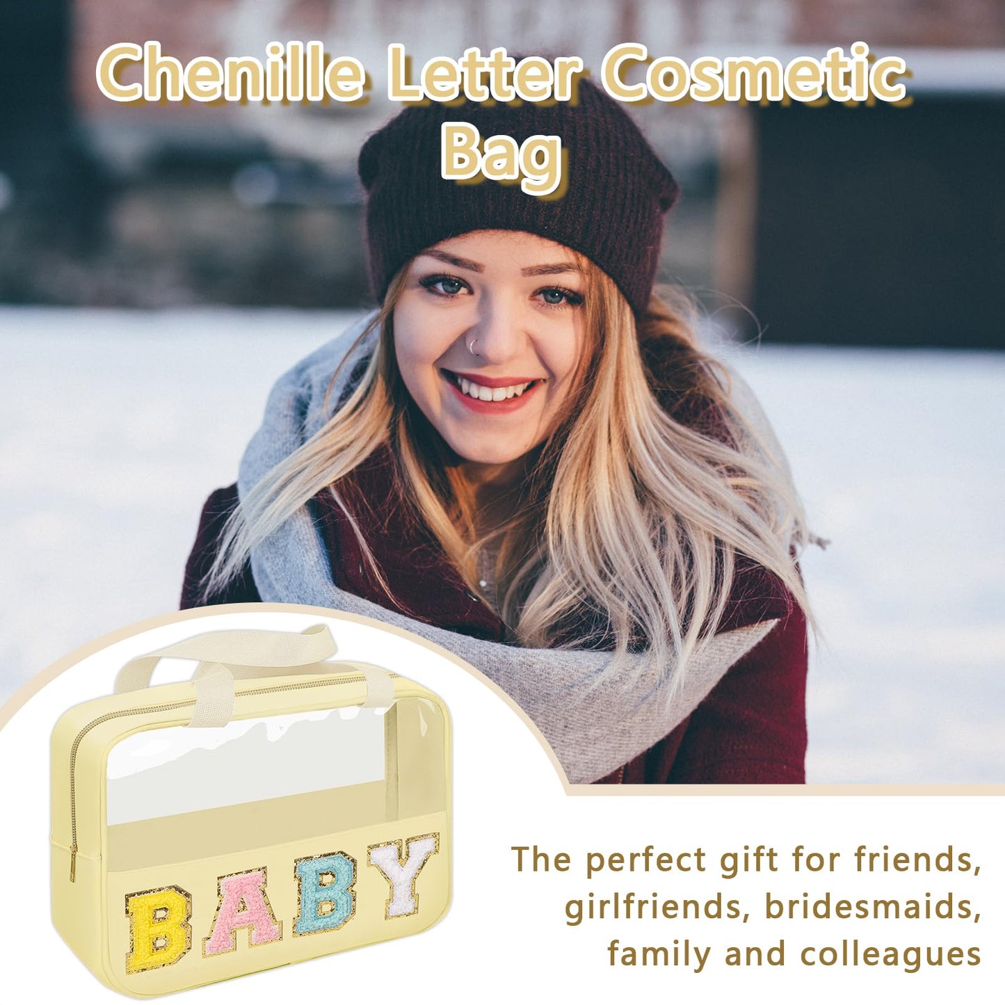 Iqimott Chenille Letter Patch Baby Bag, Preppy Clear Makeup Cosmetic Bag Large Toiletry Storage Tote Bag with Handle, Transparent Nylon Waterproof Organizer Zipper Pouch for Travel Women Girls(Beige)