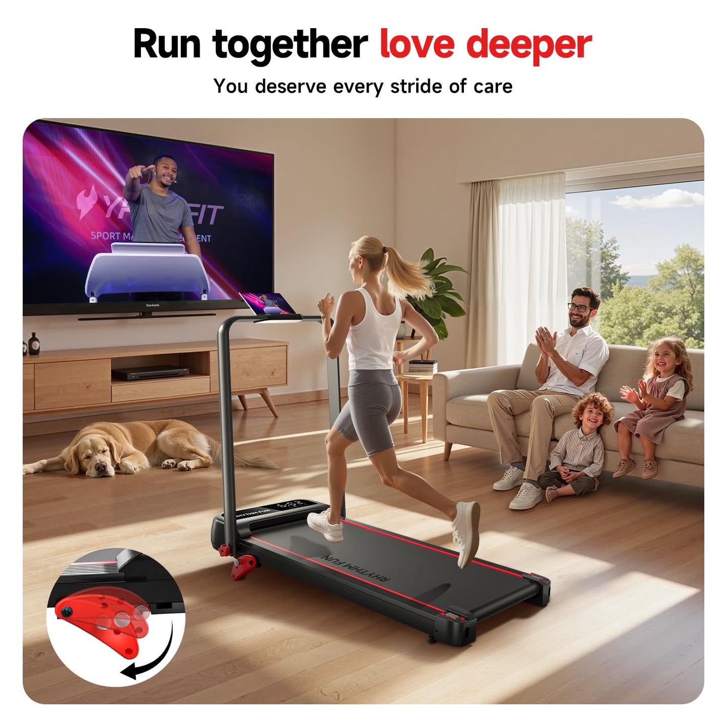 RHYTHM FUN Incline Foldable Treadmill, Walking Pad Treadmill with Incline, 300 lbs Portable Treadmills with Handles for Home Office Use, Under Desk Compact Walking pad with LED Display & APP