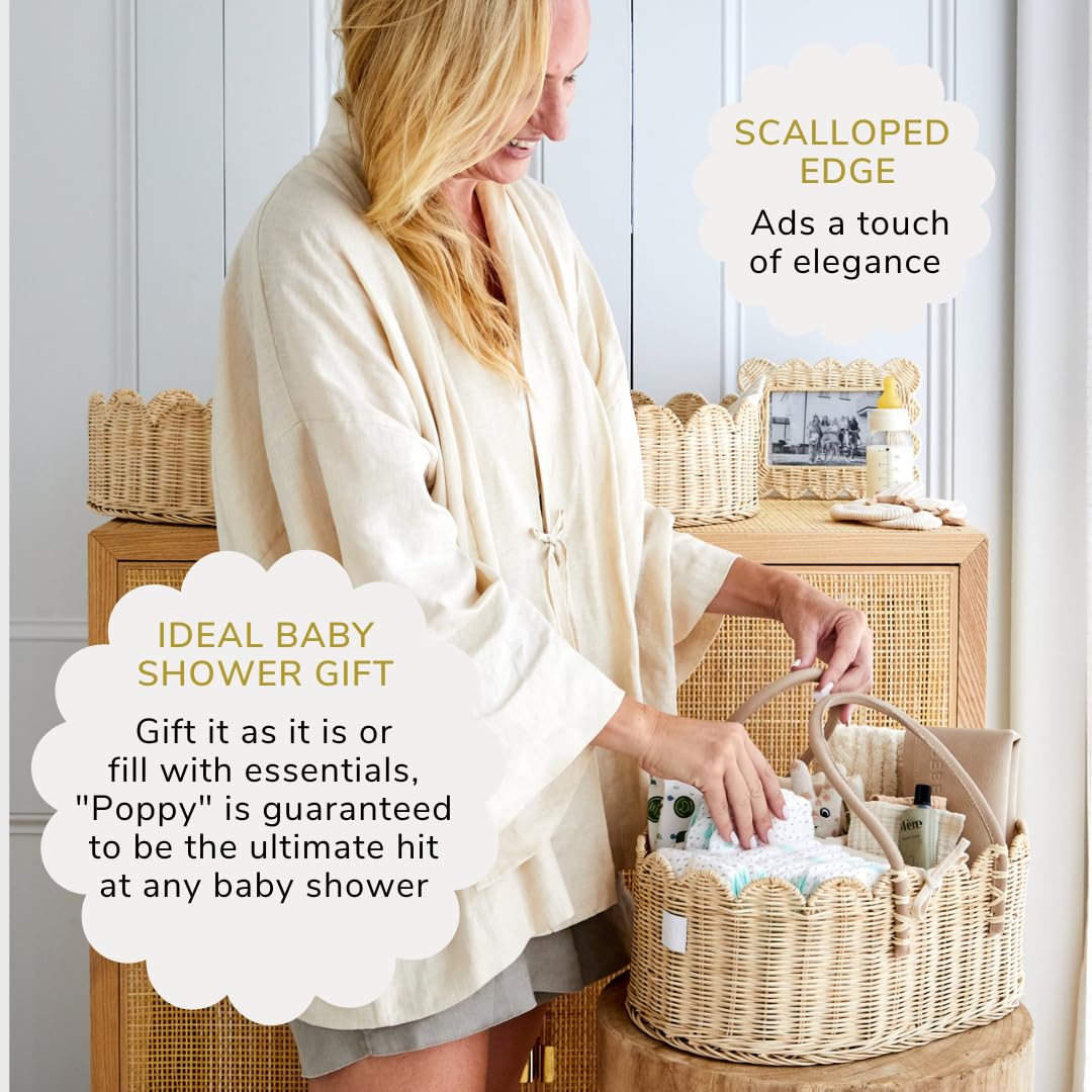 BEBE BASK Premium Baby Diaper Caddy Organizer - Handmade & Award-Winning Scalloped Rattan Basket - Luxury Diaper Caddy Basket - Elegant Scalloped Edge (Natural)