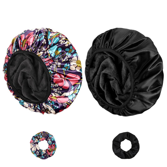 Shower Caps for Women, 2 PCS 3 Layers Terry Lined Shower Cap + 2 Satin Scrunchies, Waterproof Terry Cloth Bath Caps Elastic and Reusable Hair Cap for Shower - (Black+Flower B)