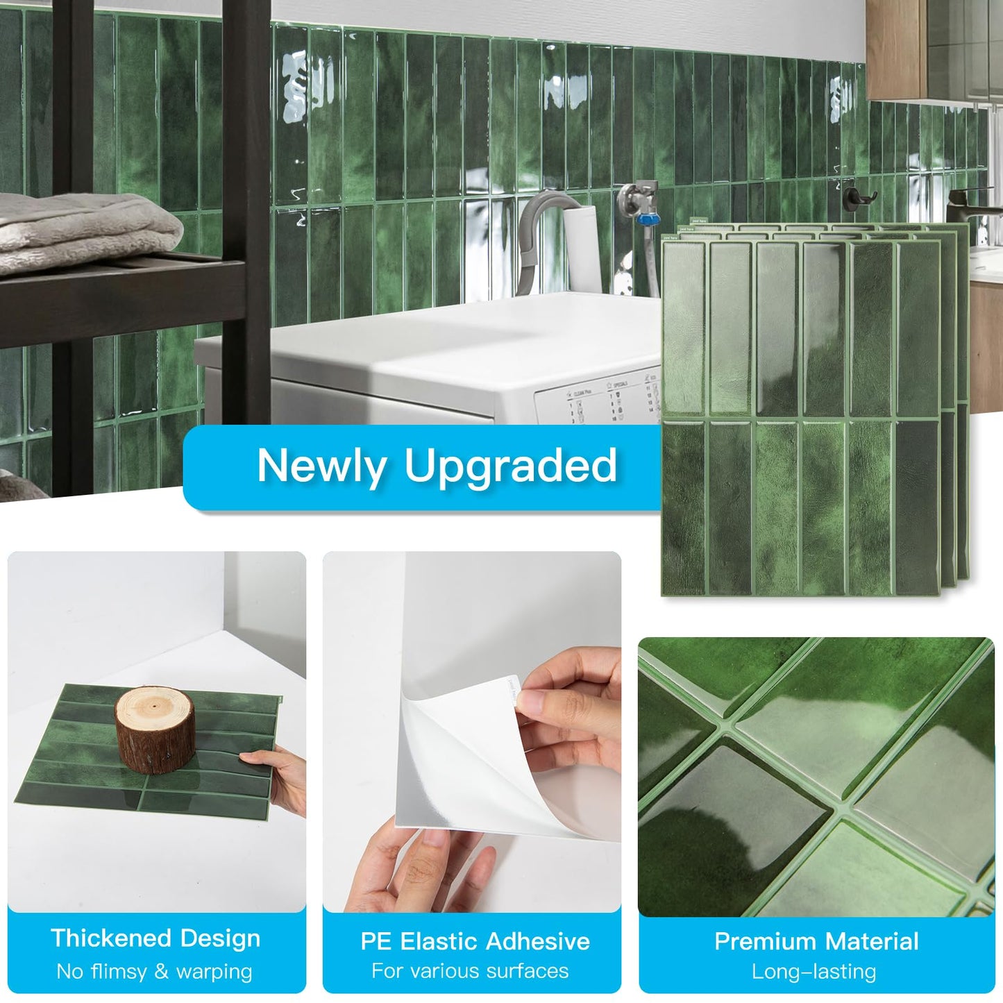 Art3d 11.4 x 9 Inch Heavy-Duty Peel and Stick Backsplash for Home Décor, 10-Pack Vinyl Wall Tiles for Kitchen Countertop, Green