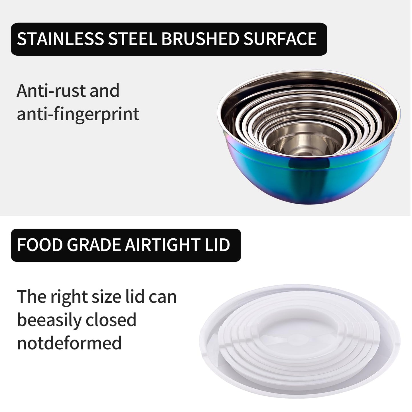 LKTDYMEG Rainbow Mixing Bowls with Lids Set of 7, Stainless Steel Nesting Bowl with Khaki Lid for Non-slip Mixing Prepping Storing Serving, 7 Sizes-7/3.6/2.7/2.1/1.5/1/0.8 QT