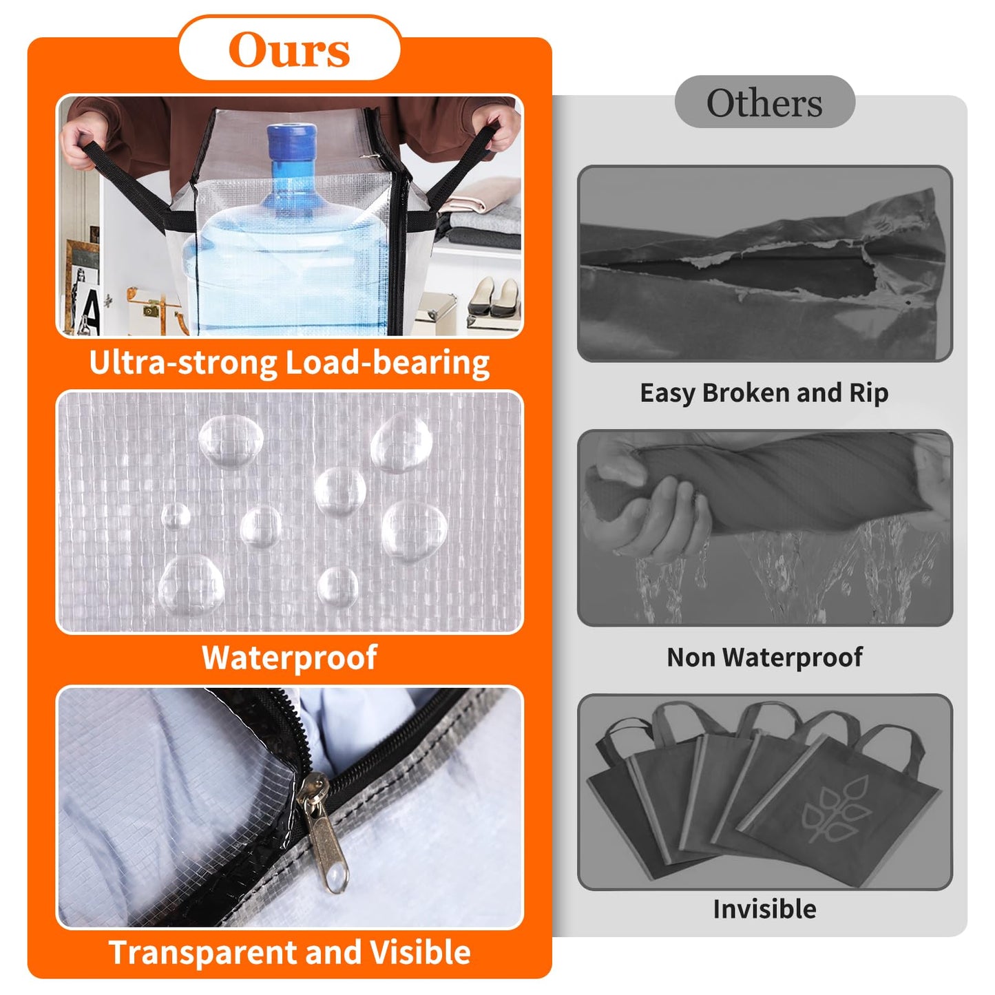 TasticTotes 6 Pack Clear Storage Bags for Comforter, Clothes & Bedding, Plastic Blanket Storage with Zipper and Handle, Moving Bags, Closet Organizer and Under-Bed Storage (90L)