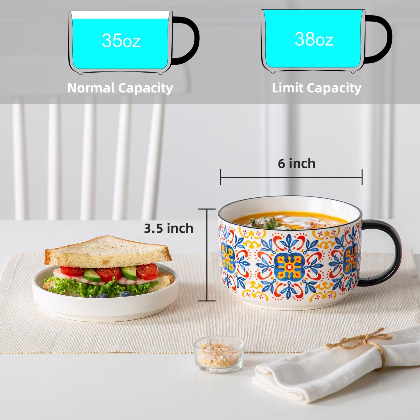 Chubacoo Soup Bowl & Sandwich Plate Combo: 38 oz Ceramic Ramen Bowl Microwave Safe - Extra Large, Big Handle, Ideal for Cereal, Salad, Pasta, Solo Dining, Breakfast, Afternoon Tea - Design C