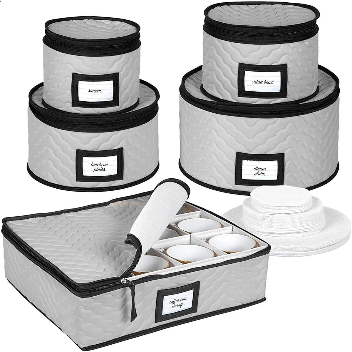 China Storage Containers 5-Piece Set Moving Boxes for Dinnerware, Glasses, Plates, Mugs and Saucers Sturdy Quilted Microfiber Dish Organizer with Dividers for Seasonal Storage - Gray