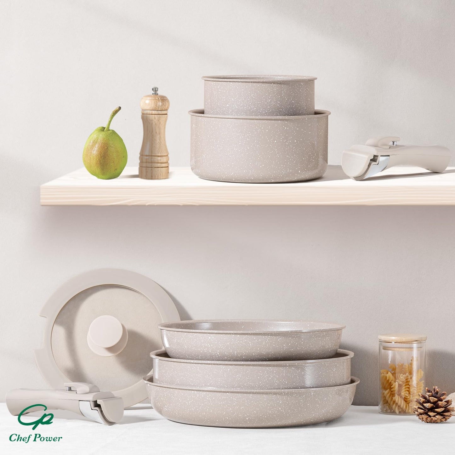 Chef Power Ceramic Nonstick Pots and Pans Set 19 Piece with Detachable Handle, Induction Dishwasher Oven Safe Cookware Set, RV Kitchen Set Removable Handle, Mocca Taupe