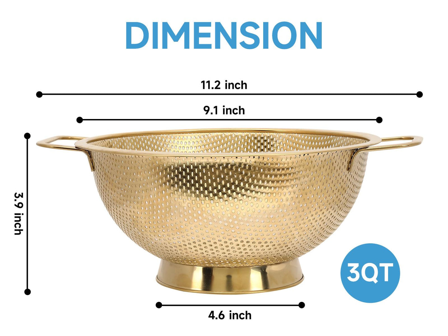 Gold Strainer for Kitchen, 3QT, Stainless Steel Colander with Handle for Fruits Vegetables Cooking Food, Dishwasher Safe