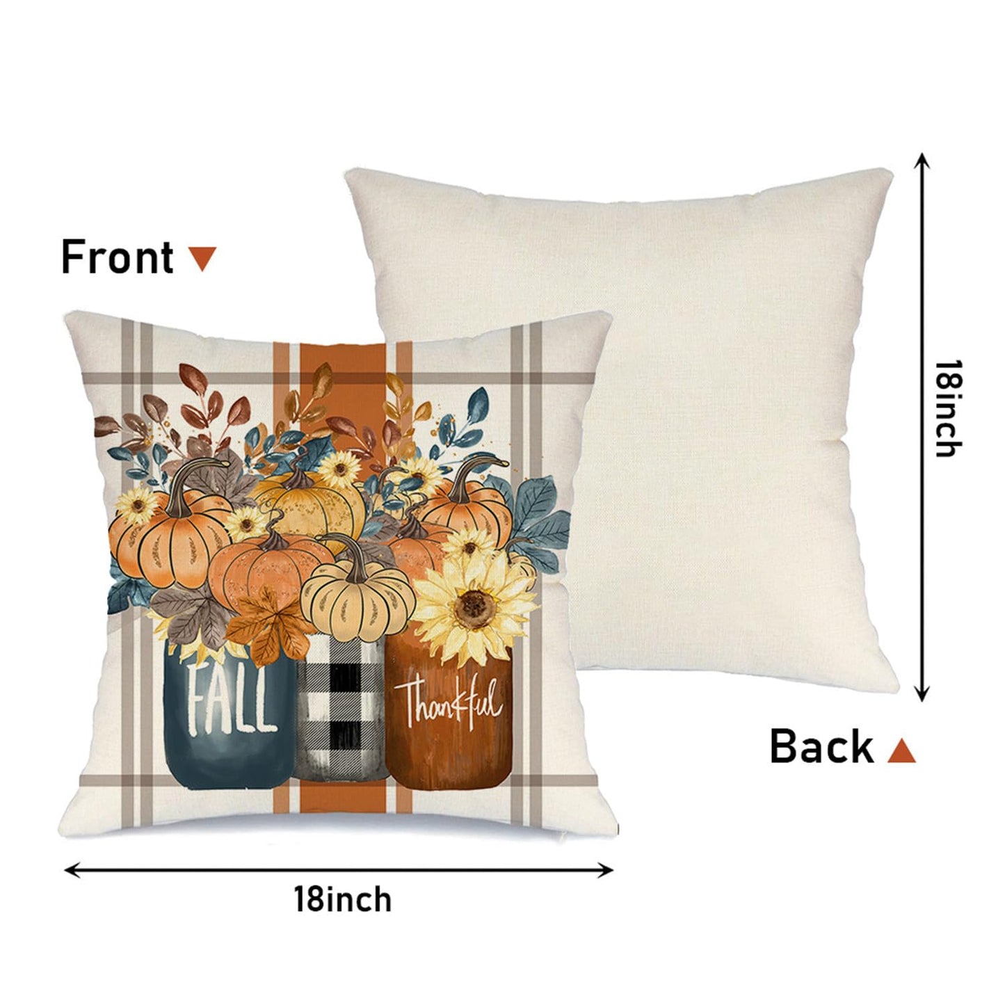 MODOVOS Fall Striped Mason Jar Pumpkin Throw Pillow Covers Thanksgiving Farmhouse Decorations Maple Leaf Outdoor Fall Decor Pillow Covers 18x18 Set of 4 Harvest Autumn Cushion Case for Sofa Couch