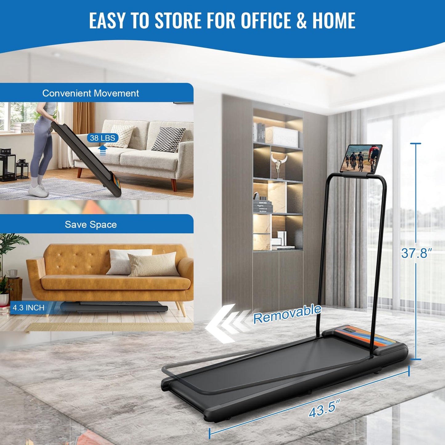 SEVOBAL Treadmill with Handles, Electric Treadmills for Home Small, Under Desk Treadmill with Remote Control LED Display, 2.5HP Walking Pad with Handle Bar, 270LBS Capacity, Orange