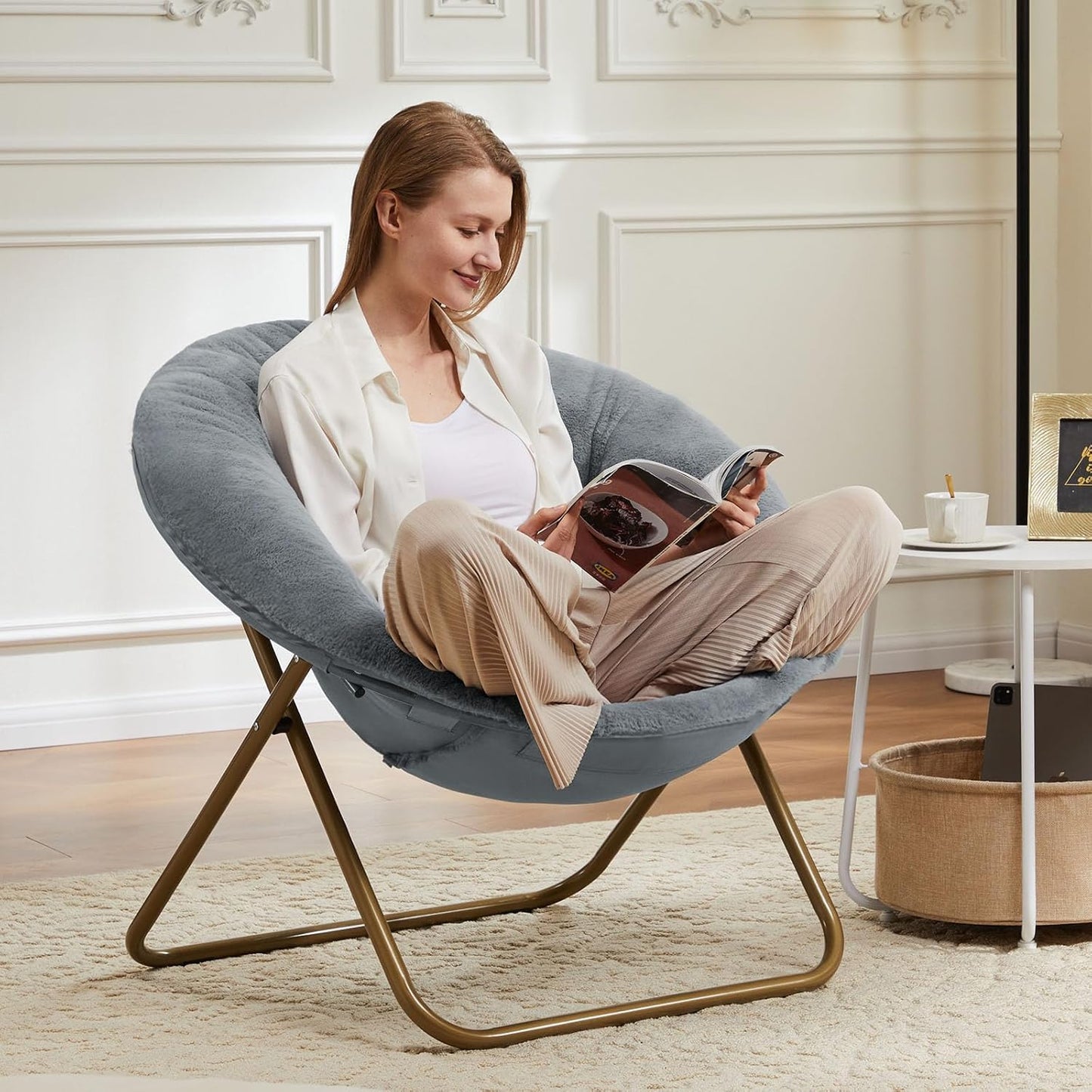 Elevon Saucer Chair Faux Fur with Soft and Thick Padded Seat Metal Frame, Modern Style Folding Cozy Chair for Bedroom, Living Room,XL, Grey