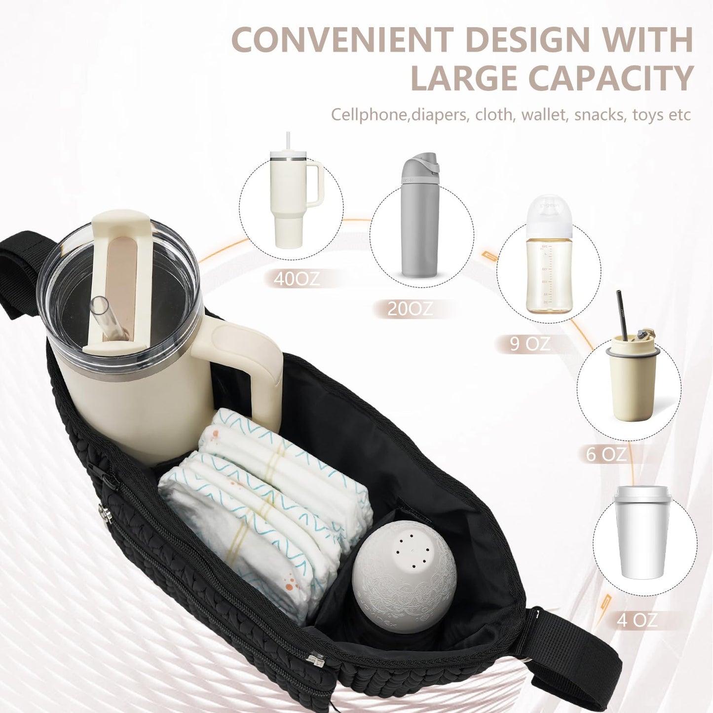 LUKJOJO Stroller Organizer - Stylish 3D Herringbone Quilting Nylon, Universal Fit, Detachable Bag, Adjustable Multi-Storage for Baby Essentials