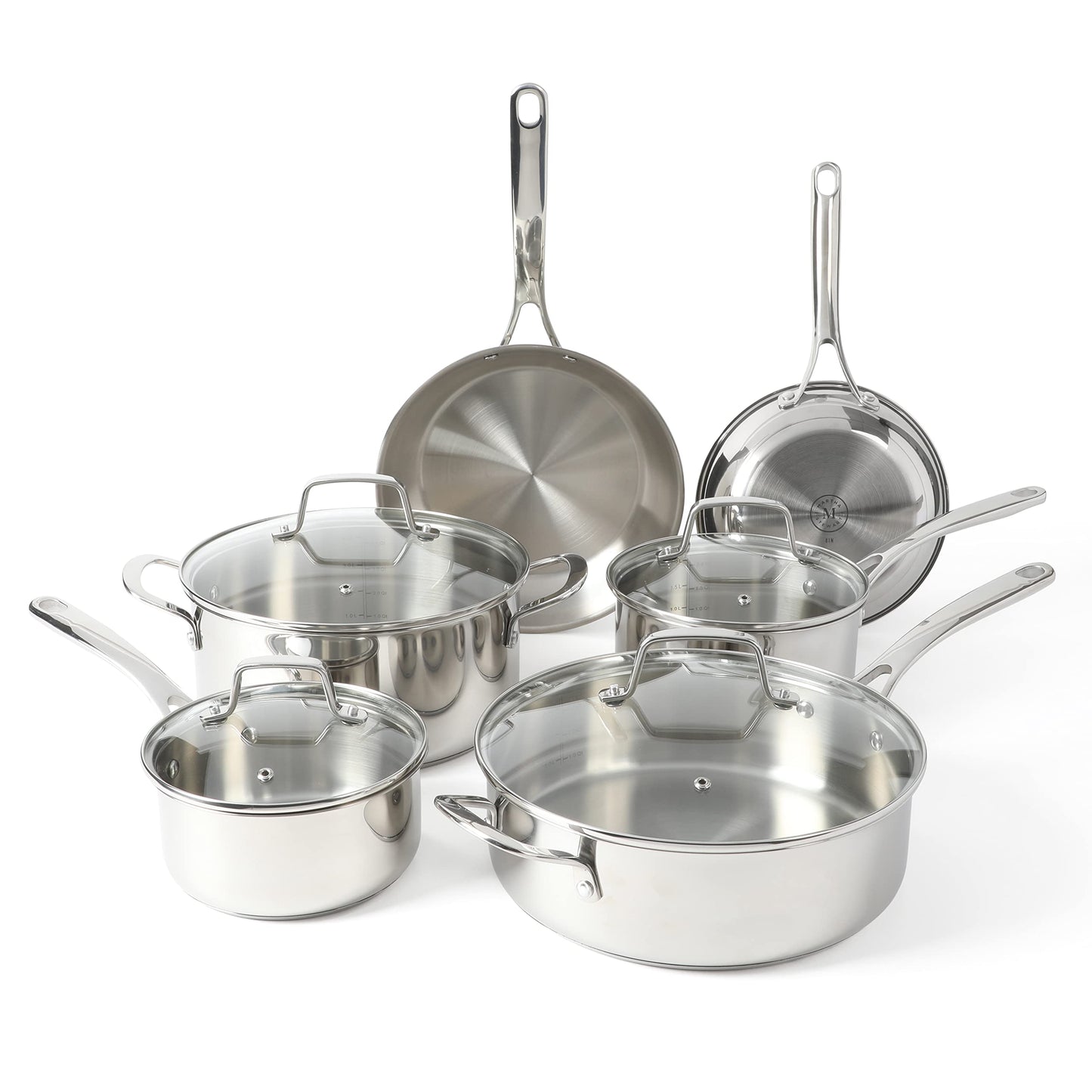 Martha Stewart Castelle 10 Piece 18/8 Stainless Steel Induction Safe Pots and Pans Non-Toxic Triply Bottom Kitchen Cookware Set