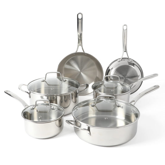 Martha Stewart Castelle 10 Piece 18/8 Stainless Steel Induction Safe Pots and Pans Non-Toxic Triply Bottom Kitchen Cookware Set