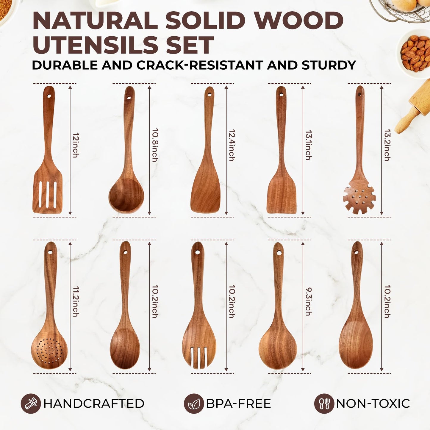 AIUHI Wooden Kitchen Utensils Set, No Scratch Wood Spatula and Spoon Set, Teak Wood Cooking Utensils Set for Kitchen Essential Tools 10 Pieces
