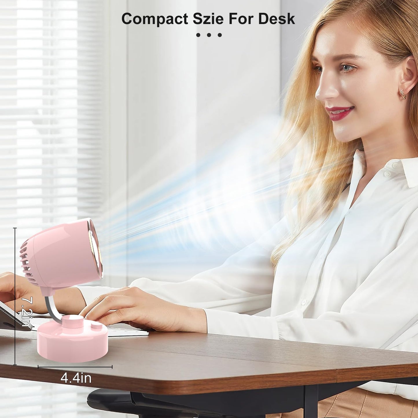 Mr. Young Quiet Portable Desk Fan - 4-Speed Adjustable 150° Oscillating USB-C Rechargeable Small Mini Fan with 10+ Hours Battery Life Perfect Table Fan for Home/Office/Dorm (Pink)