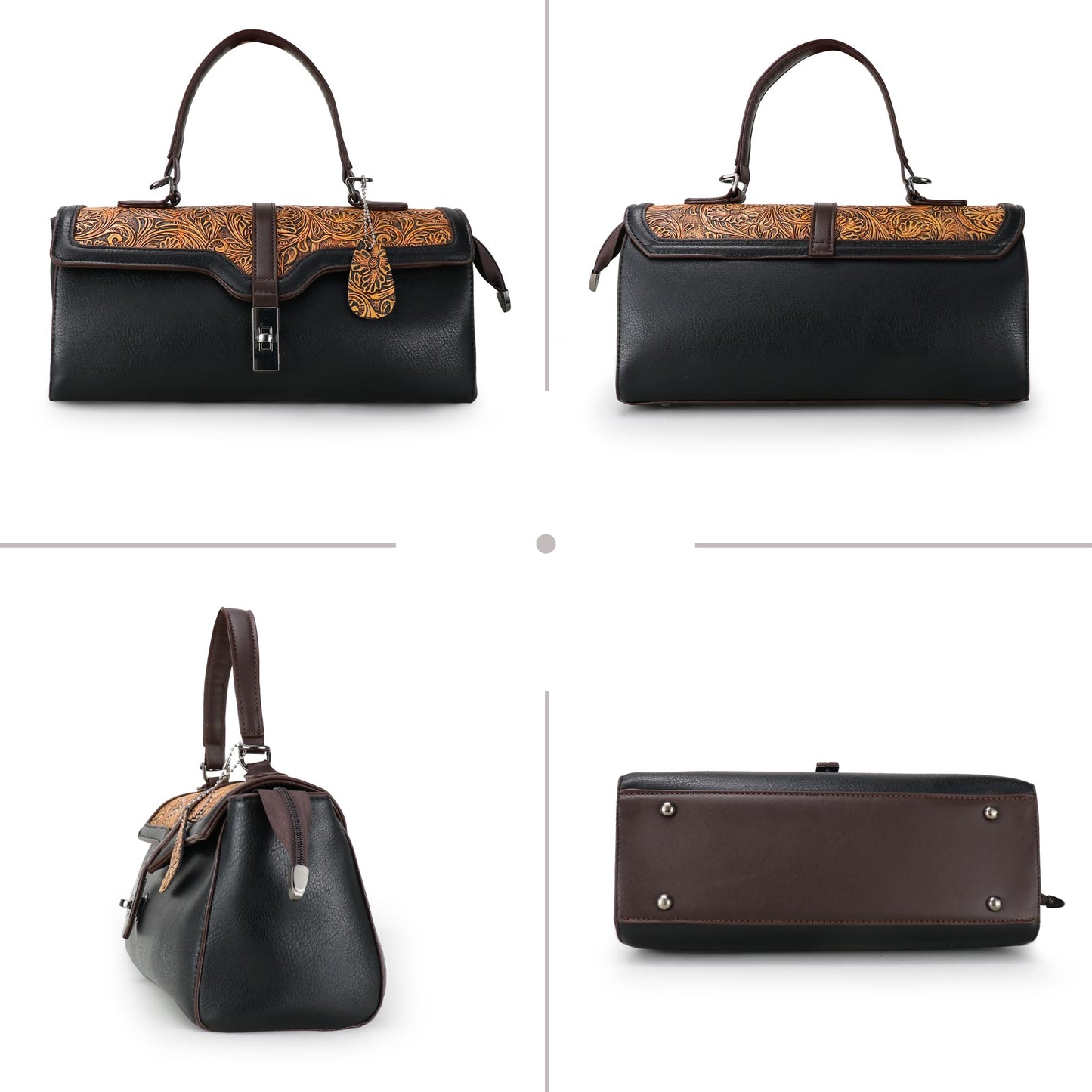 Purse and Handbags for Women Vegan Leather Shoulder Hand Bags Top Handle Satchel Vintage Embossing Pattern (Black)