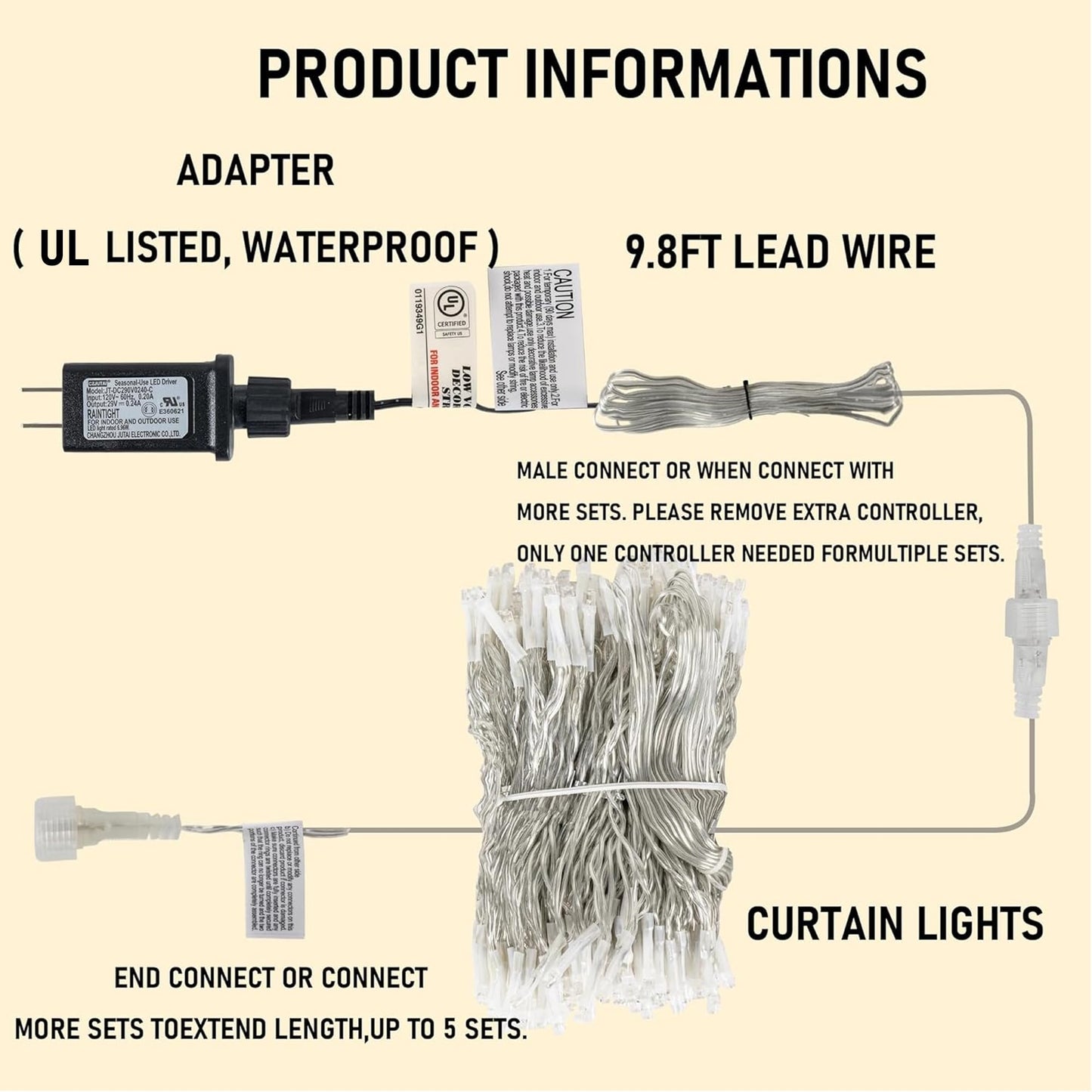 Dazzle Bright 300 LED Curtain String Lights, Christmas Fairy Lights for Bedroom with 8 Lighting Modes, Connectable Waterproof Window Lights Party Wedding Garden Wall Decor, Warm White