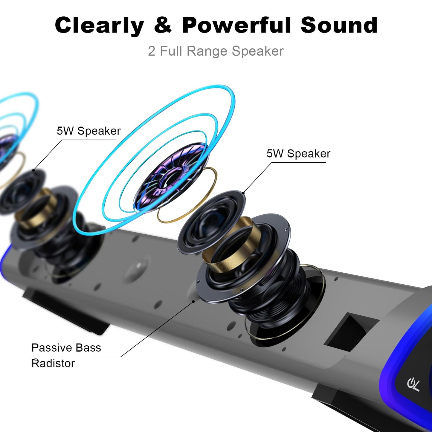 SOULION R30 Computer Speakers, Colorful LED Lights with Switch Button, Surround Sound Portable Computer Sound Bar Speakers for Desktop, Gray