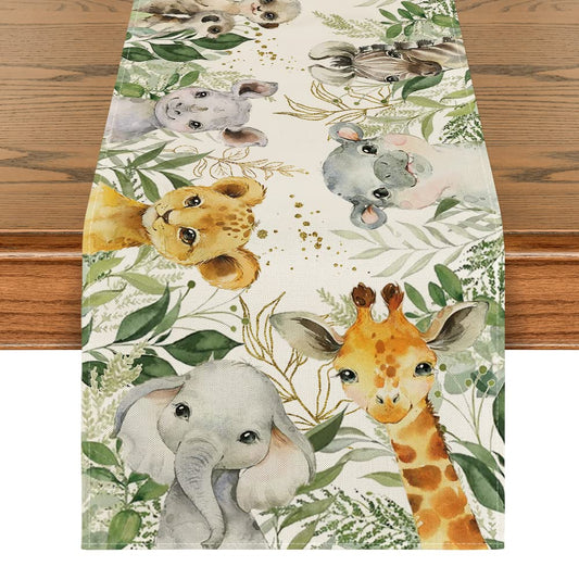 Artoid Mode Animals Elephant Giraffe BabyShower Table Runner, Seasonal Spring Summer Kitchen Dining Table for Home Party Decor 13x90 Inch