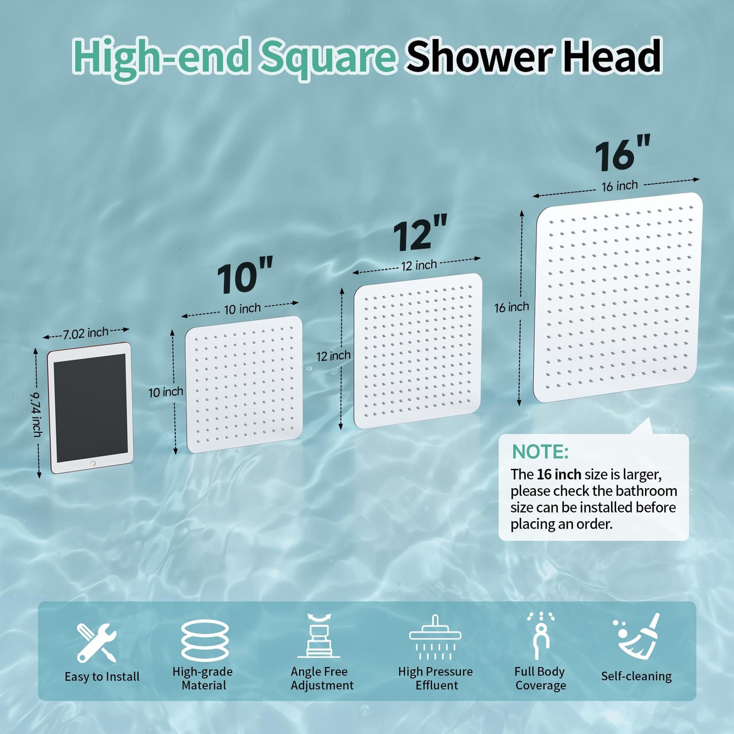 SR SUN RISE Luxury 12 Inch Large Square Stainless Steel Shower Head High Pressure Rainfall Showerhead Ultra Thin Water Saving Polished Chrome
