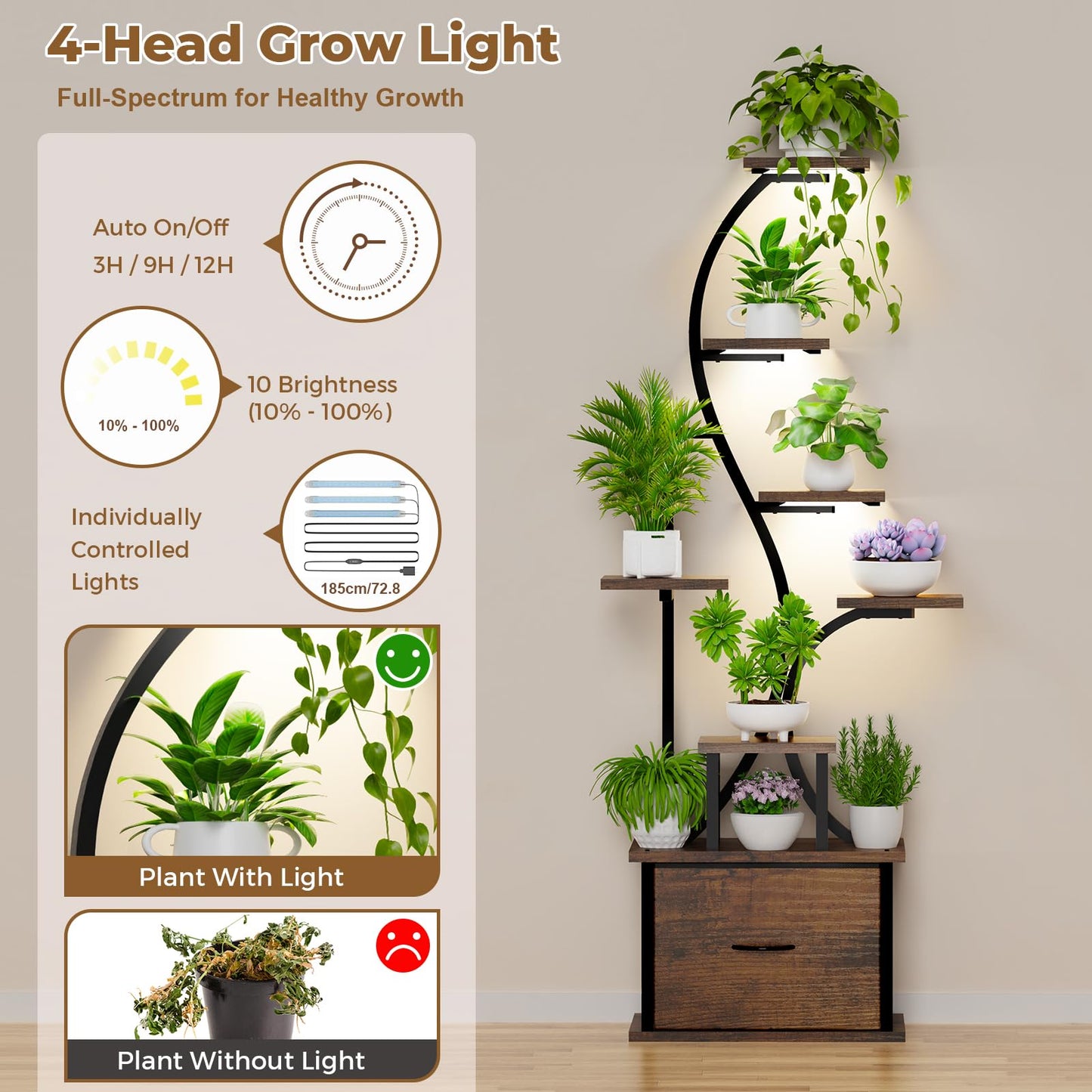 Plant Stand Indoor with Grow Lights - 8 Tiered Lighted Plant Shelf Indoor with Drawer, 65" Large Plant Stand for Indoor Plants Multiple, Metal Tall Plant Flower Holder for Home, Living Room, Patio
