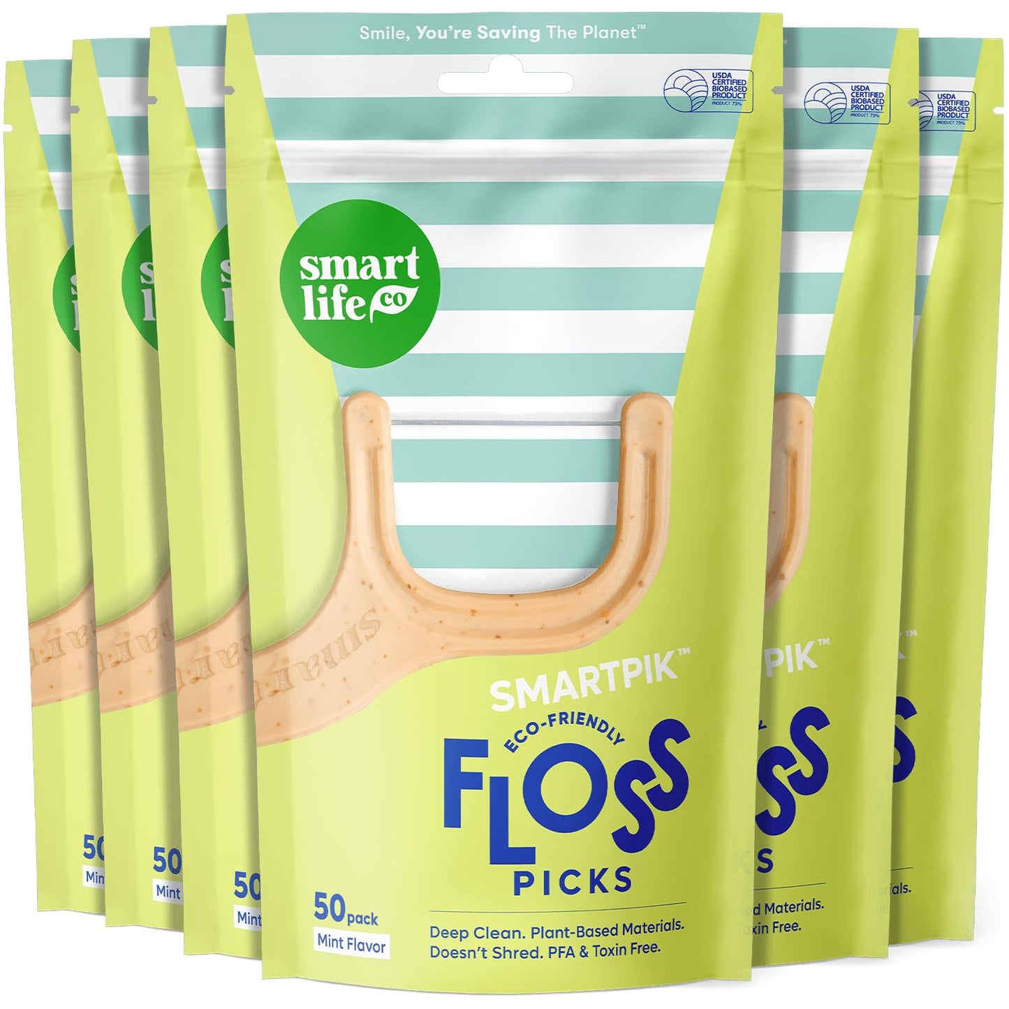 SmartLifeco Biodegradable Dental Floss Picks - Plant Based Handle, Thin Thread Tooth Flossers for Adults & Kids, Eco Friendly Toothpick Soft on Gum & Teeth, Compostable Zero Waste Vegan, 100 Mint